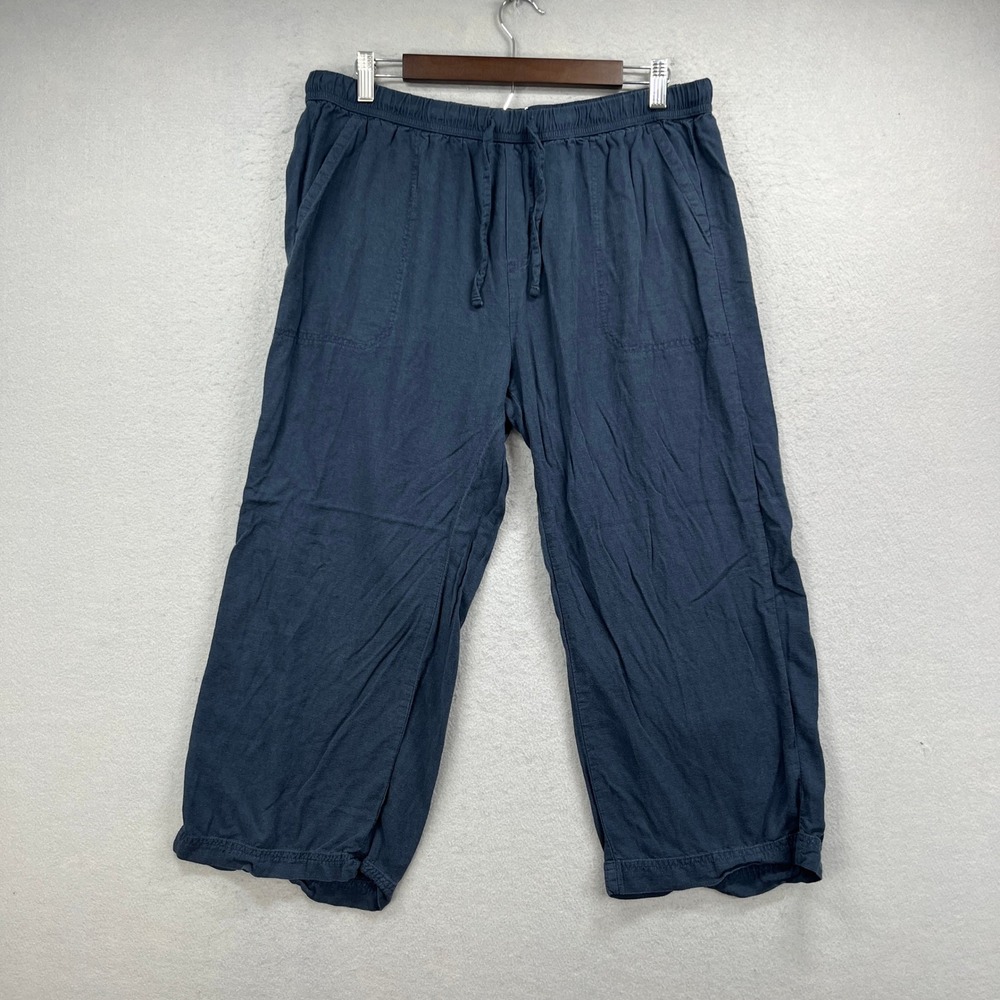 Splendid Crop Pants Womens L Navy Blue Linen Blend Drawstring Casual Coastal